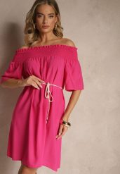 Fuksjowa Sukienka Hiszpanka z Bawełną i Wiskozą Ozdobiona Sznurkiem Lilarelle. Czerwone sukienki damskie Renee, bez wzorów, z bawełny, eleganckie, bez ramiączek. W wyprzedaży za 47.99 zł.