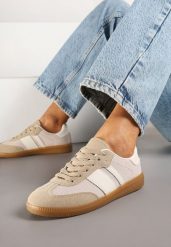 Ciemnobeżowe Sneakersy na Kauczukowej Podeszwie Ozdobione Paskami Emidi. Brązowe obuwie sportowe damskie Renee, z jeansu, bez zapięcia. Za 69.99 zł.