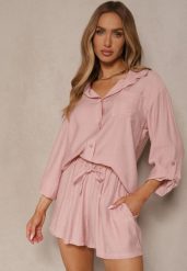 Różowy Wiskozowy Komplet Koszula i Szorty Luźne Efrone. Czerwone koszule damskie Renee, m, bez wzorów, z wiskozy, eleganckie, bez kołnierzyka, bez ramiączek. Za 99.99 zł.