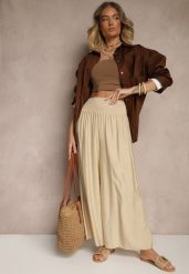 Beżowe Spodnie z Wiskozą o Szerokim Kroju High Waist Orrana. Brązowe spodnie materiałowe damskie Renee, bez wzorów, z jeansu. Za 39.99 zł.