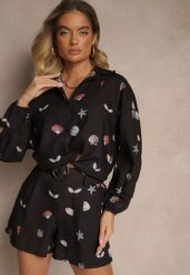 Czarny Komplet z Wiskozą Koszula i Szorty w Morski Print Reisoria. Czarne koszule damskie Renee, na lato, m, bez wzorów, z materiału, eleganckie, bez kołnierzyka, bez ramiączek. Za 129.99 zł.