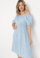 Niebieska Sukienka Midi z Wiskozy Hiszpanka w Kwiatowy Print Oserafia. Niebieskie sukienki damskie Born2be, bez wzorów, z wiskozy, boho, bez ramiączek. Za 79.99 zł.