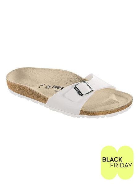 Birkenstock Klapki "Madrid" w kolorze białym rozmiar: 43. Białe klapki damskie Birkenstock, bez wzorów, z otwartym noskiem, bez obcasa, bez zapięcia. Za 220.45 zł.