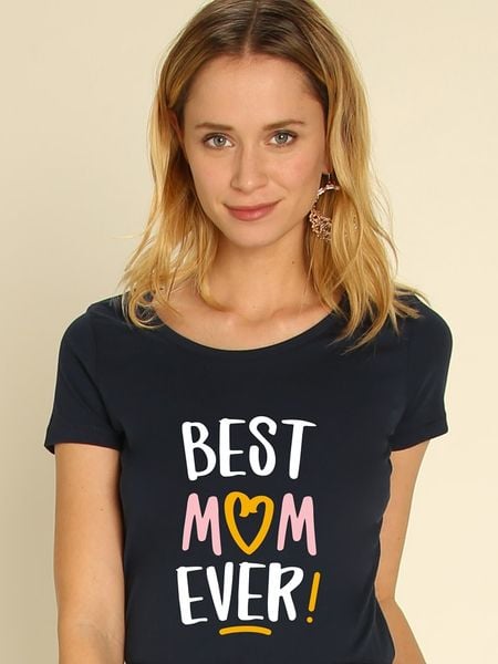 WOOOP Koszulka "Best Mom Ever" w kolorze granatowym rozmiar: XL. Niebieskie bluzki damskie Wooop, xl, bez wzorów, z bawełny, bez kołnierzyka, bez ramiączek. Za 78.84 zł.