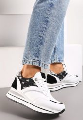Biało-Czarne Sznurowane Sneakersy z Ekoskóry z Błyszczącymi Wstawkami Fiviara. Białe obuwie sportowe damskie Renee, bez zapięcia. Za 99.99 zł.
