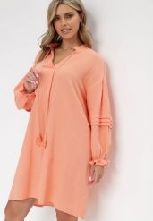 Pomarańczowa Bawełniana Sukienka Mini z Ozdobnym Wiązaniem i Przeszyciami na Rękawach Anla. Brązowe sukienki damskie Born2be, bez wzorów, z bawełny, bez ramiączek. Za 159.99 zł.