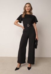 Czarny Kombinezon VICES z Paskiem i Geometryczną Klamrą Elinassa. Czarne sukienki damskie Born2be, bez wzorów, biznesowe, bez ramiączek. Za 179.99 zł.