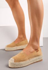 Ciemnobeżowe Espadryle na Plecionej Platformie z Ekozamszu Avalana. Brązowe espadryle damskie Born2be, bez wzorów, bez obcasa. Za 69.99 zł.