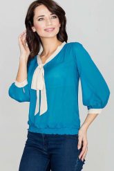 Stylowa Morska Bluzka z Kokardą Rękaw 3/4. Zielone bluzki damskie SALE, xl, bez wzorów, z materiału, eleganckie, bez kołnierzyka, bez ramiączek. Za 149.00 zł.