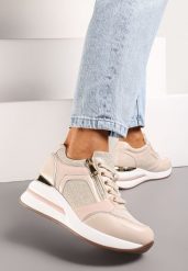 Beżowe Sneakersy na Koturnie Ozdobione Zamkiem Błyskawicznym i Metaliczną Wstawką Ellieti. Brązowe obuwie sportowe damskie Renee, z jeansu, bez zapięcia. Za 149.99 zł.