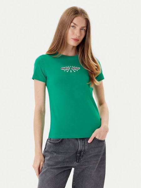 Guess Jeans T-Shirt W5YI04 J1314 Zielony Slim Fit. Zielone t-shirty damskie Guess Jeans, s, z aplikacjami, z bawełny, bez kołnierzyka. Za 69.99 zł.