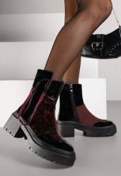 Czarno-Bordowe Botki Lakierowane Vices Ozdobione Tasiemką Rotine. Czerwone botki damskie Renee, z jeansu, eleganckie, bez obcasa, na obcasie, bez zapięcia. Za 149.99 zł.