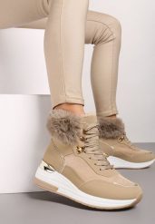 Ciemnobeżowe Sneakersy na Ukrytym Koturnie z Futerkową Wstawką i Metalicznym Akcentem Kaivn. Brązowe obuwie sportowe damskie Born2be, z jeansu, bez zapięcia. Za 129.99 zł.