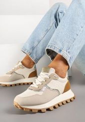 Beżowe Sneakersy Ozdobione Metalicznymi Wstawkami Korisorra. Brązowe obuwie sportowe damskie Born2be, z jeansu, bez zapięcia. Za 99.99 zł.