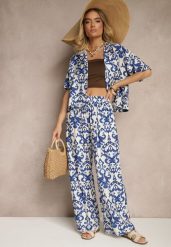 Niebieski Wiskozowy Komplet w Ornamentalny Print Koszula i Szerokie Spodnie Sarilsa. Niebieskie koszule damskie Renee, na wiosnę, xl, bez wzorów, z materiału, eleganckie, bez kołnierzyka, bez ramiączek. Za 74.99 zł.
