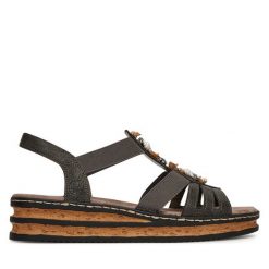 Sandały Rieker. Szare sandały damskie Rieker, bez wzorów, bez obcasa, na koturnie, bez zapięcia. Za 229.99 zł.