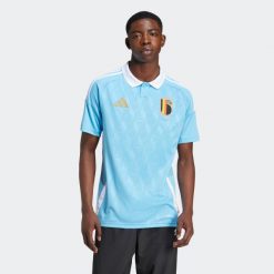 Koszulka piłkarska ADIDAS Belgia EURO 2024 wyjazdowa. Niebieskie bluzki damskie Adidas, s, bez wzorów, bez kołnierzyka, bez ramiączek. W wyprzedaży za 299.99 zł.