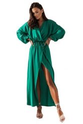 Efektowna Maxi Sukienka z Długim Rozcięciem - Zielona. Zielone sukienki damskie Ivon, bez wzorów, z materiału, wizytowe, bez ramiączek. Za 239.90 zł.