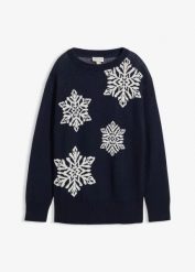 Sweter z okrągłym dekoltem i flokowanymi śnieżynkami. Niebieskie swetry klasyczne damskie bonprix, na zimę, bez kołnierzyka. Za 97.99 zł.