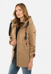 Prosty, krótki płaszcz J-TWIGGY. Brązowe płaszcze damskie Volcano, plus size, bez wzorów, z materiału, bez kaptura. Za 329.99 zł.