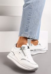 Białe Sneakersy na Platformie z Metaliczną Lamówką i Brokatem Bivina. Białe obuwie sportowe damskie Renee, bez zapięcia. Za 109.99 zł.