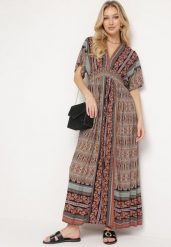 Brązowa Boho Sukienka z Szerokimi Rękawami z Gumką w Pasie i Wiązaniem na Plecach Piomina. Brązowe sukienki damskie Born2be, z aplikacjami, boho, bez ramiączek. Za 99.99 zł.