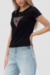 GUESS Czarny damski t-shirt z logo z cyrkoniami Triangle Rhinestones, Rozmiar XS. Czarne t-shirty damskie Guess, xs, z aplikacjami, bez kołnierzyka. Za 239.99 zł.