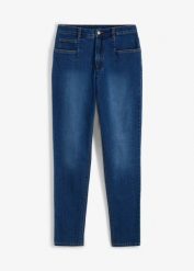 Jeansy mom ze stretchem, high waist. Niebieskie jeansy damskie bonprix, z podwyższonym stanem. Za 107.99 zł.