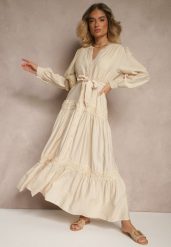 Beżowa Wiskozowa Sukienka o Rozkloszowanym Kroju z Wiązanym Paskiem i Koronką Reisavien. Brązowe sukienki damskie Renee, bez wzorów, z koronki, eleganckie, bez ramiączek. W wyprzedaży za 127.99 zł.