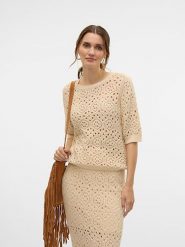 Vero Moda Sweter w kolorze beżowym rozmiar: XS. Brązowe swetry klasyczne damskie Vero Moda, xs, z bawełny, bez kołnierzyka. Za 98.95 zł.