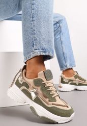 Beżowo-Zielone Sneakersy z Cyrkoniami na Grubej Podeszwie Leinov. Brązowe obuwie sportowe damskie Renee, bez zapięcia. Za 109.99 zł.