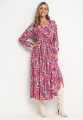 Ciemnoróżowa Plisowana Sukienka z Gumką w Pasie i Wzorem Paisley Carella. Czerwone sukienki damskie Born2be, z aplikacjami, z materiału, eleganckie, bez ramiączek. W wyprzedaży za 84.99 zł.