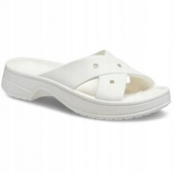 Klapki Dla Dorosłych Crocs Womens Cross Strap. Białe klapki damskie Crocs, bez wzorów, z materiału, bez obcasa, bez zapięcia. Za 159.99 zł.