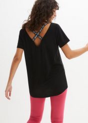 Długi shirt sportowy z wycięciem z tyłu. Czarne koszulki sportowe damskie bonprix, bez wzorów, bez ramiączek. Za 62.99 zł.
