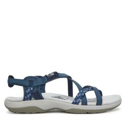 Sandały Skechers. Niebieskie sandały damskie Skechers, bez wzorów, bez obcasa, na płaskiej podeszwie, bez zapięcia. Za 239.99 zł.