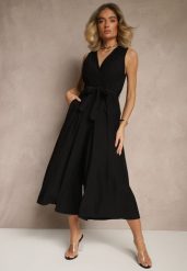 Czarny Kombinezon Taliowany z Wiskozą Ozdobiona Paskiem Evintria. Czarne sukienki damskie Renee, bez wzorów, z wiskozy, eleganckie, bez ramiączek. W wyprzedaży za 63.99 zł.