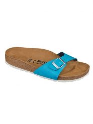 Birkenstock Klapki "Madrid" w kolorze turkusowym rozmiar: 37. Niebieskie klapki damskie Birkenstock, bez wzorów, z otwartym noskiem, bez obcasa, bez zapięcia. Za 218.05 zł.
