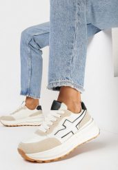 Biało-Beżowe Sneakersy na Grubej Podeszwie Annelise. Białe obuwie sportowe damskie Born2be, z jeansu, bez zapięcia. Za 79.99 zł.