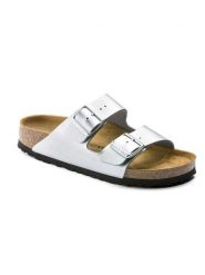 Birkenstock Klapki "Arizona" w kolorze srebrnym rozmiar: 42. Szare klapki damskie Birkenstock, bez wzorów, z otwartym noskiem, bez obcasa, bez zapięcia. Za 338.21 zł.