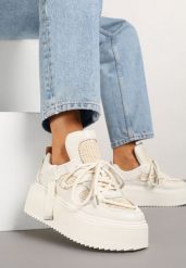 Beżowo-Białe Sneakersy na Grubej Podeszwie z Ozdobnym Sznurowaniem Sovvia. Brązowe obuwie sportowe damskie Born2be, bez zapięcia. Za 109.99 zł.