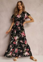 Czarna Sukienka w Kwiaty o Kopertowym Kroju z Wiązanym Paskiem Iphene. Czarne sukienki damskie Renee, bez wzorów, eleganckie, bez ramiączek. W wyprzedaży za 63.99 zł.