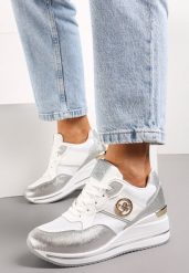 Srebrne Siateczkowe Sneakersy na Koturnie z Metalicznymi Aplikacjami i Brokatem Viean. Białe obuwie sportowe damskie Renee, bez zapięcia. Za 89.99 zł.