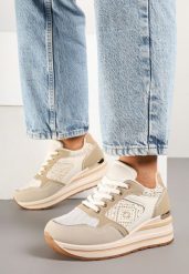 Beżowe Sneakersy na Koturnie Ozdobione Brokatem Tilliante. Brązowe obuwie sportowe damskie Born2be, z jeansu, bez zapięcia. Za 89.99 zł.