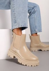 Beżowe Botki na Platformie w Stylu Sztybletów z Gumką i Metalicznym Wykończeniem Lerives. Brązowe botki damskie Renee, eleganckie, bez obcasa, na platformie, bez zapięcia. Za 109.99 zł.