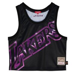 Damska koszulka crop Lakers big face 4.0. Czarne koszulki damskie Mitchell & Ness, bez wzorów, bez kołnierzyka, bez ramiączek. Za 264.50 zł.
