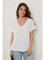 Rodier Lin Lniana koszulka w kolorze białym rozmiar: L/XL. Białe koszulki damskie Rodier Lin, l, bez wzorów, ze lnu, bez kołnierzyka, bez ramiączek. Za 136.45 zł.