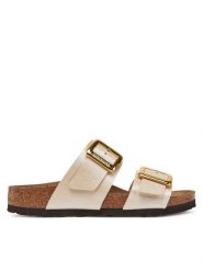 Birkenstock Klapki Sydney Cushion Buckle 1029492 Écru. Klapki damskie Birkenstock, bez wzorów, ze skóry, bez obcasa, bez zapięcia. Za 429.99 zł.