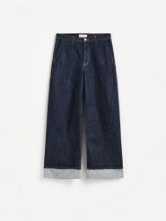 Jeansy wide leg z podwinięciem - granatowy. Niebieskie jeansy damskie Reserved. Za 179.99 zł.