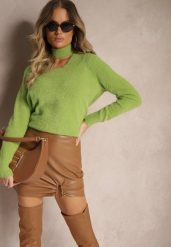 Zielony Golf z Chokerem i Wycięciem Temina. Zielone golfy damskie Renee, m, bez wzorów, bez ramiączek. Za 54.99 zł.