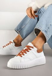 Biało-Brązowe Sneakersy na Platformie Ozdobionej Tłoczonej Zdivona. Białe obuwie sportowe damskie Renee, bez zapięcia. Za 79.99 zł.